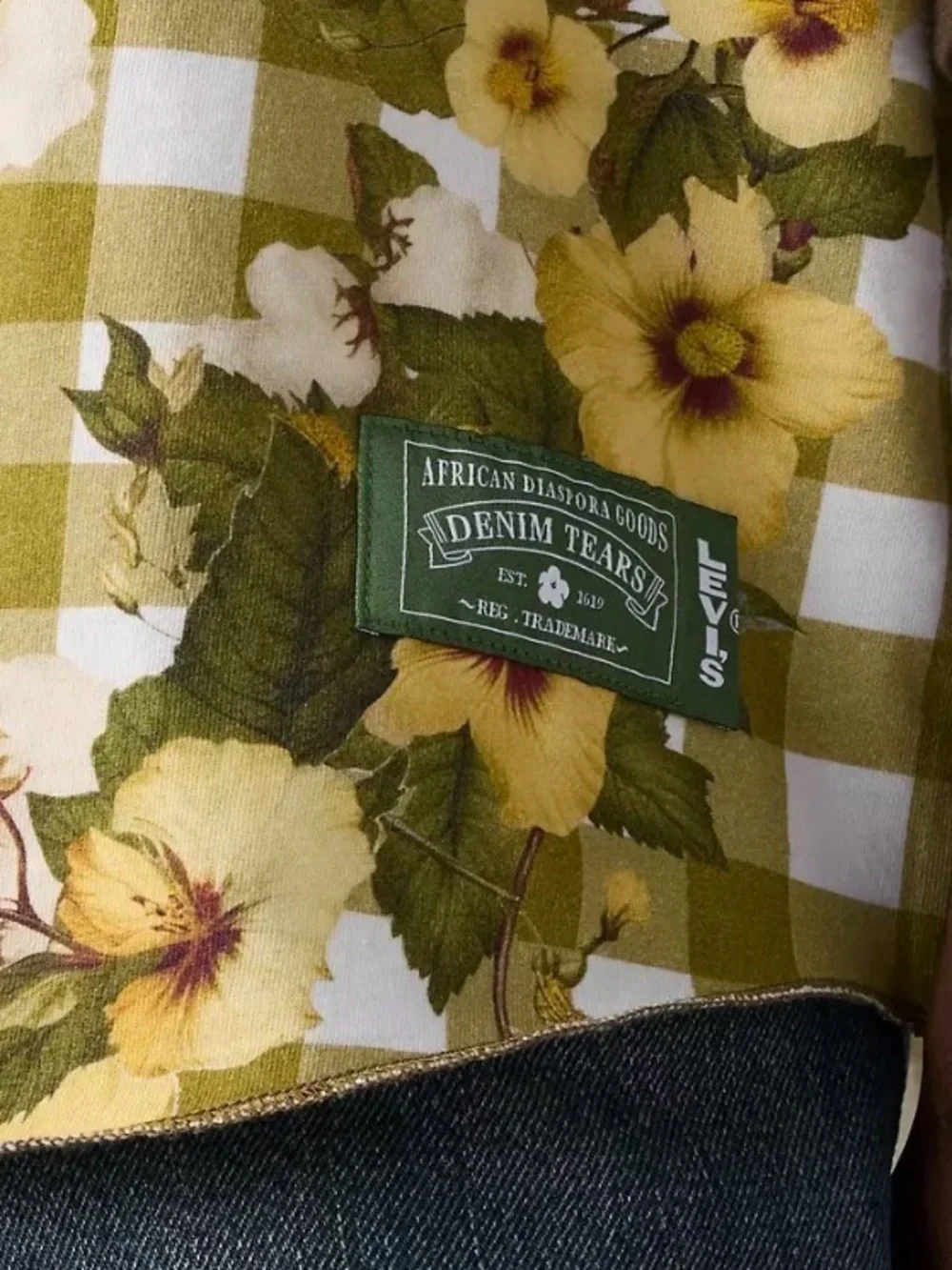 Levi's Denim Tears Men's Green Gold Floral Plaid Baseball Tee 3/4 Sleeve, XL, S
